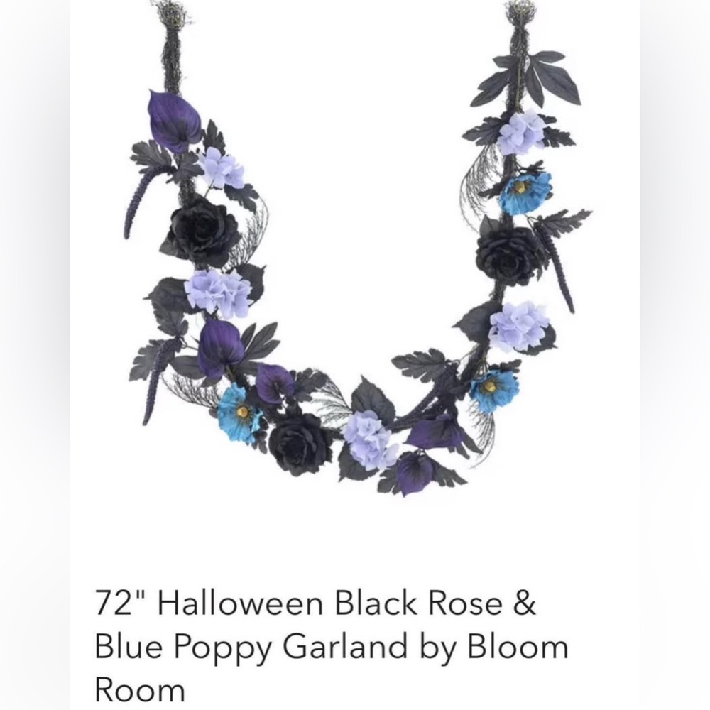 4 fake flower garland - black roses & blue poppies
